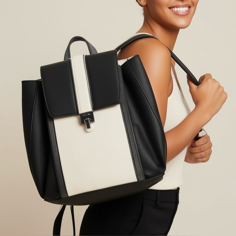 Calvin Klein Colorblock Faux Leather Backpack Purse – Black & Ivory | Modern Min